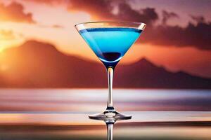 bleu cocktail dans une verre avec le coucher du soleil dans le Contexte. généré par ai photo