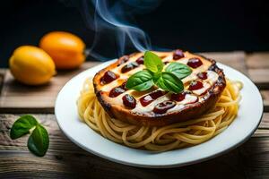 spaghetti avec tomate sauce et basilic feuilles sur une plaque. généré par ai photo