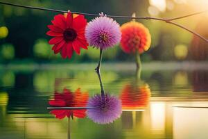 Trois fleurs sont réfléchi dans le l'eau. généré par ai photo