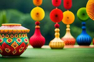 coloré des vases sont arrangé sur une vert surface. généré par ai photo