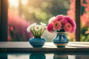 deux des vases avec fleurs sur une table dans de face de une la fenêtre. généré par ai photo