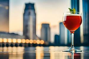 une verre de rouge boisson séance sur une table dans de face de une ville ligne d'horizon. généré par ai photo