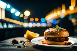 une Hamburger sur une assiette avec une citron. généré par ai photo