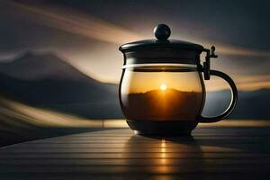 une tasse de thé sur une table avec le Soleil réglage derrière il. généré par ai photo