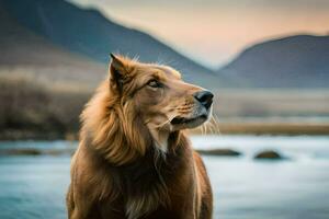 une Lion permanent dans de face de une rivière. généré par ai photo