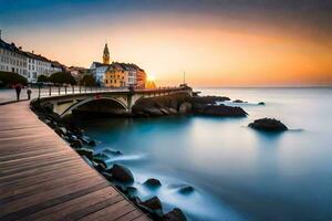 une pont plus de le océan à le coucher du soleil. généré par ai photo