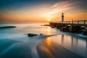 une phare à le coucher du soleil avec vagues s'écraser dans le rive. généré par ai photo