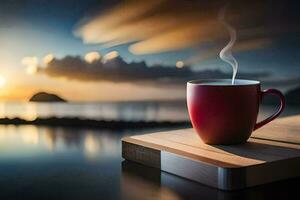 une tasse de café sur une en bois table avec une le coucher du soleil dans le Contexte. généré par ai photo