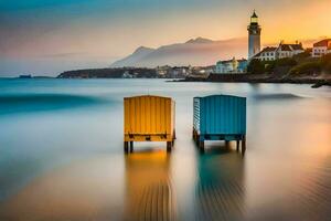 deux coloré plage huttes asseoir sur le rive à le coucher du soleil. généré par ai photo