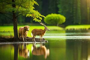 deux cerf et une chien permanent dans le l'eau. généré par ai photo