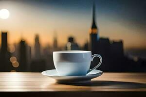 une café tasse est assis sur une table avec une paysage urbain dans le Contexte. généré par ai photo