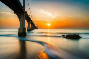 le Soleil ensembles plus de le océan et une pont. généré par ai photo