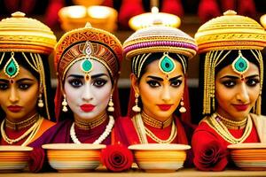 quatre femmes dans Indien costumes avec or bijoux. généré par ai photo