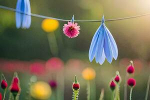 une bleu fleur et une rose fleur pendaison sur une fil. généré par ai photo