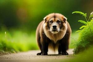 une chien en marchant sur une chemin dans le les bois. généré par ai photo