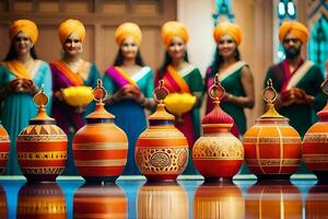 une groupe de femmes dans coloré turbans permanent suivant à coloré vases. généré par ai photo
