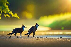 deux renards en marchant le long de une saleté route à le coucher du soleil. généré par ai photo