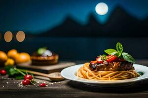 une assiette de spaghetti avec Viande et baies sur une tableau. généré par ai photo