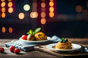 spaghetti avec Cerise tomates et basilic sur une en bois tableau. généré par ai photo