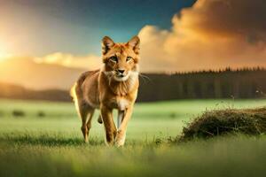 une Loup est en marchant dans le herbe à le coucher du soleil. généré par ai photo