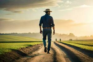 une homme dans une chapeau des promenades vers le bas une saleté route. généré par ai photo