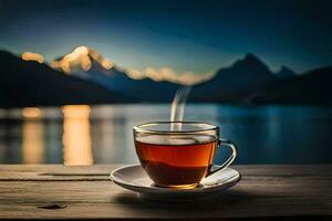 une tasse de thé sur une en bois table dans de face de une lac. généré par ai photo