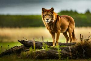 une Lion permanent sur une Journal dans le milieu de une champ. généré par ai photo