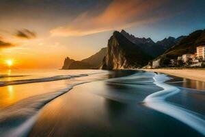 le Soleil ensembles plus de le océan et montagnes dans cette photo. généré par ai photo