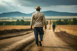 une homme dans une costume et chapeau en marchant vers le bas une saleté route. généré par ai photo