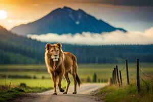 une Lion en marchant vers le bas une route dans de face de une Montagne. généré par ai photo