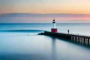 une longue exposition photographier de une phare à le coucher du soleil. généré par ai photo