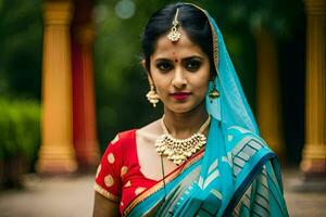 magnifique Indien femme dans traditionnel sari. généré par ai photo