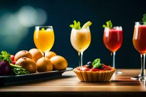 une table avec fruit et boissons. généré par ai photo