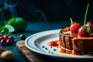 une dessert avec des fraises et sirop sur une plaque. généré par ai photo