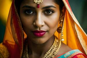 une magnifique Indien femme portant une traditionnel sari. généré par ai photo