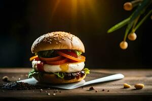 une Hamburger avec fromage, tomates et poivrons sur une en bois tableau. généré par ai photo