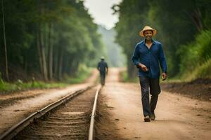 une homme en marchant vers le bas une saleté route avec une chapeau sur. généré par ai photo