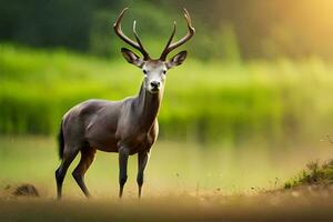 une cerf des stands dans le herbe près une lac. généré par ai photo