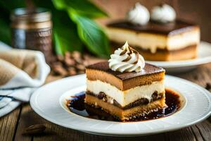 une tranche de gâteau avec fouetté crème et café haricots. généré par ai photo