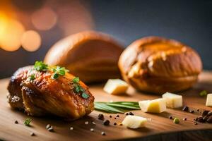 poulet Sein avec fromage et herbes sur une en bois Coupe planche. généré par ai photo