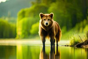 une marron ours permanent dans le l'eau. généré par ai photo