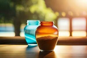 deux coloré verre pots séance sur une table avec le Soleil dans le Contexte. généré par ai photo