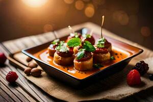 une assiette de nourriture avec Boulettes de viande et baies. généré par ai photo