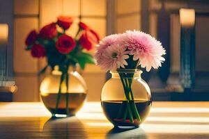 deux des vases avec fleurs séance sur une tableau. généré par ai photo