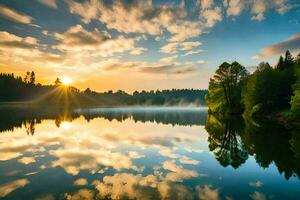 photo fond d'écran le ciel, des arbres, le soleil, le lac, le forêt, le des arbres,. généré par ai