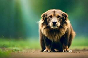 une chien est permanent sur le route dans le milieu de une champ. généré par ai photo