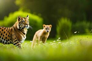 deux tigres en marchant dans le herbe. généré par ai photo
