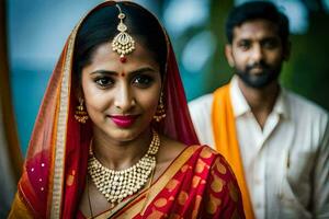 une magnifique la mariée et jeune marié dans traditionnel tenue. généré par ai photo