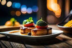 une assiette de nourriture avec des légumes et Viande sur il. généré par ai photo