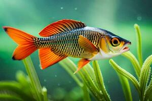 une poisson avec Orange et noir palmes est nager dans le l'eau. généré par ai photo